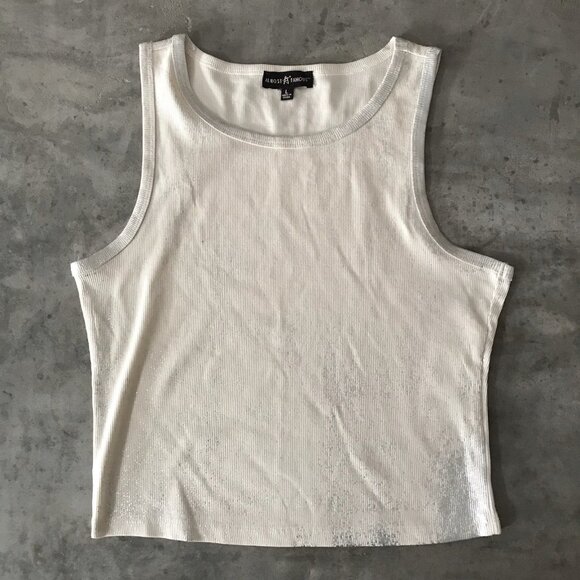 Almost Famous Tops - Y2K Almost Famous Top Large Cami Cream Metallic Silver Splatter Rave Going Out